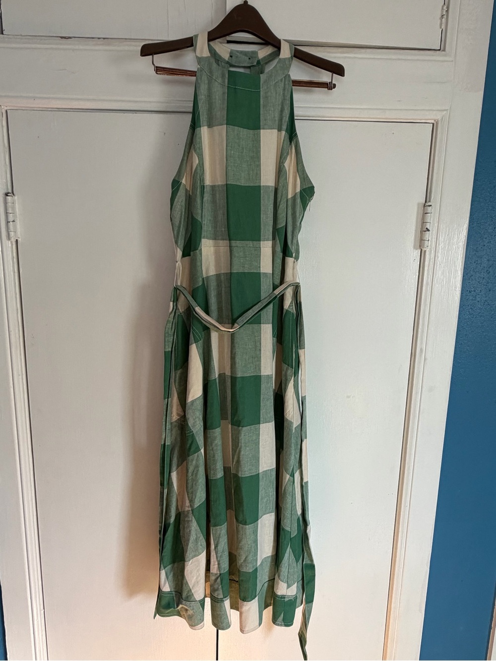 Anthropologie Green and Cream Checked Halter Maxi Dress